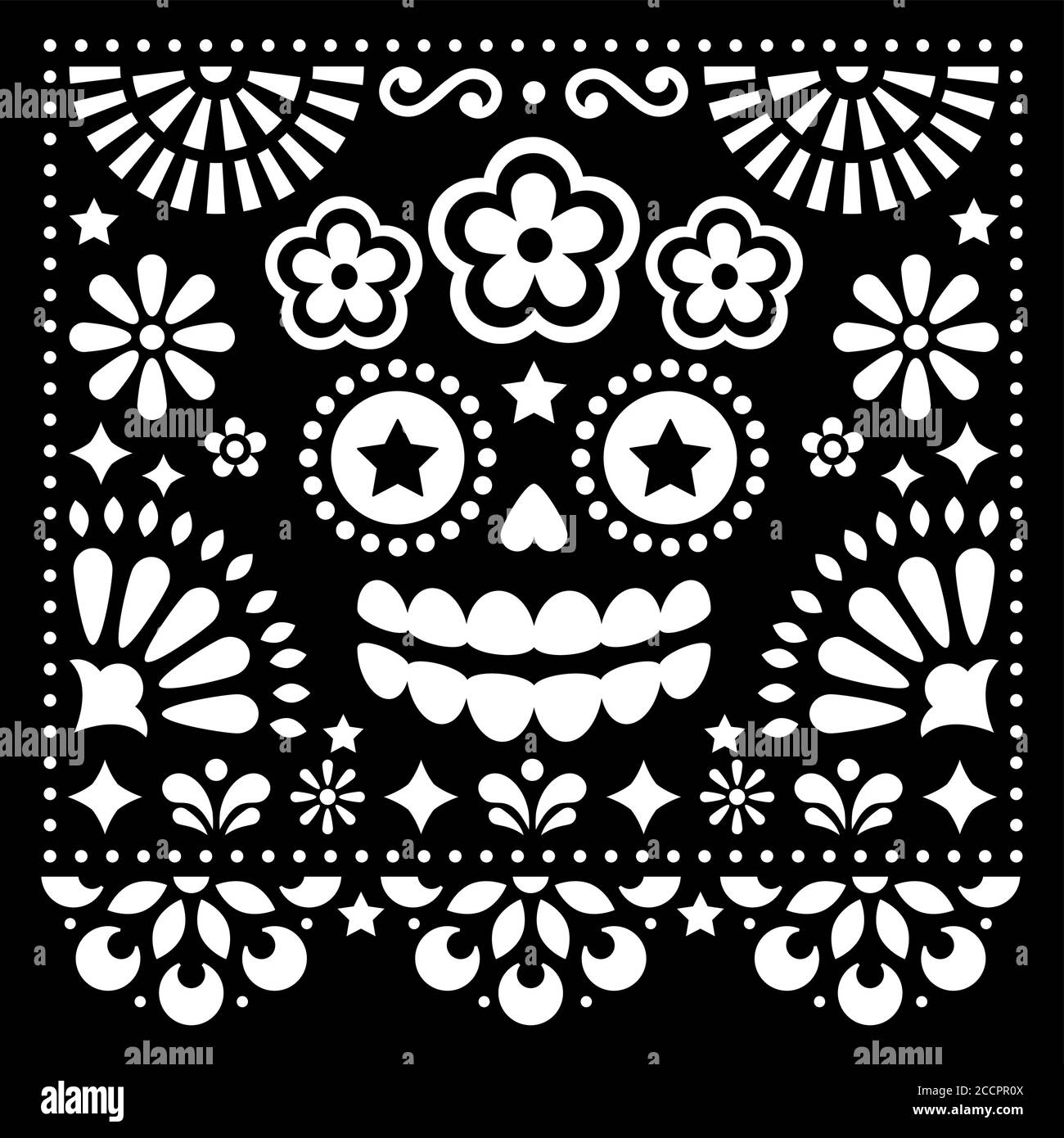 Mexikanische Volkskunst Vektor Volkskunst Design mit Zucker Schädel und Blumen, Halloween und Tag der Toten weiß Muster auf schwarzem Hintergrund - Grußkarte Stock Vektor