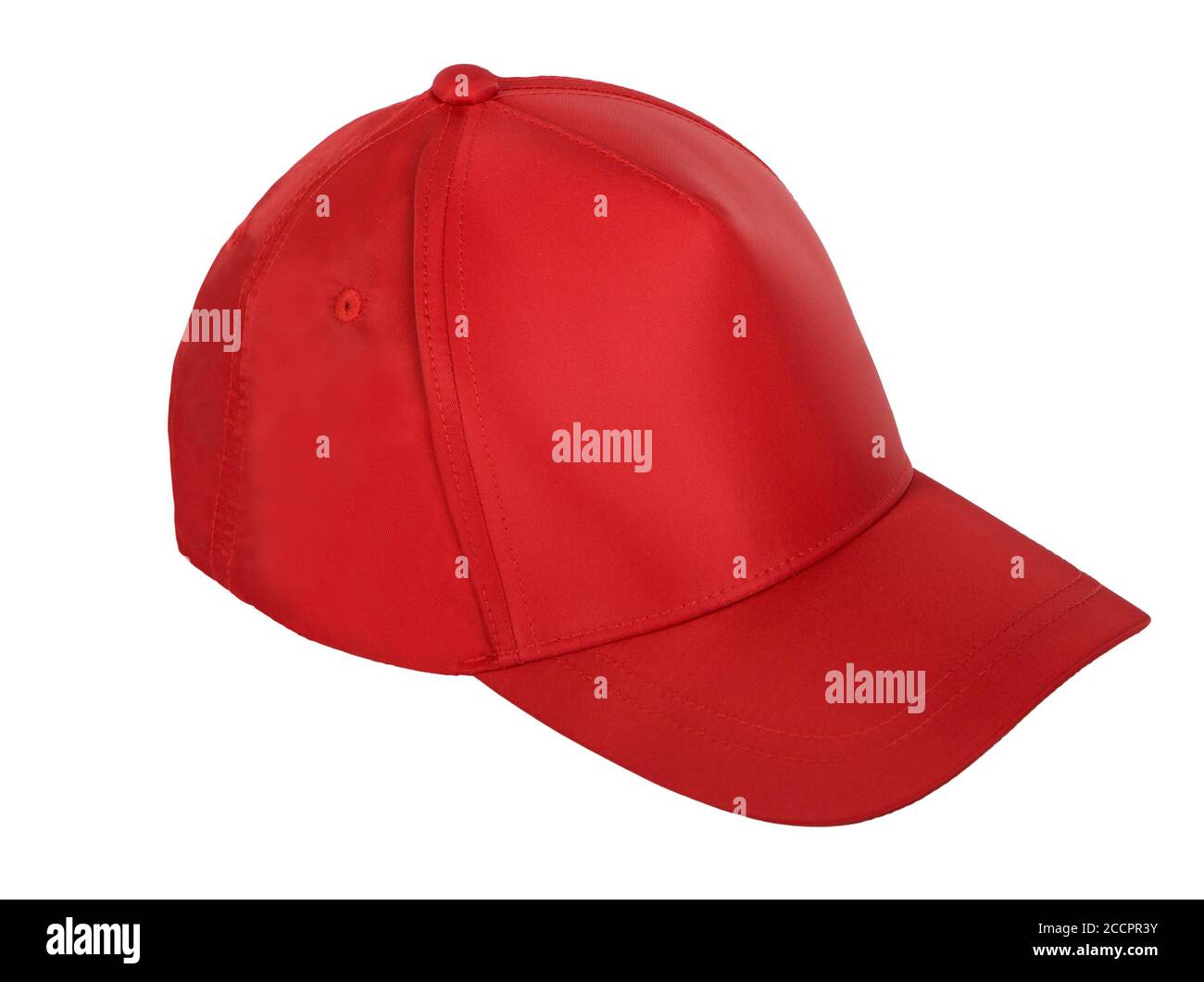 Rote Kappe Seite mit nichts - Baseball-Kappe isoliert auf weißem Hintergrund. Stockfoto