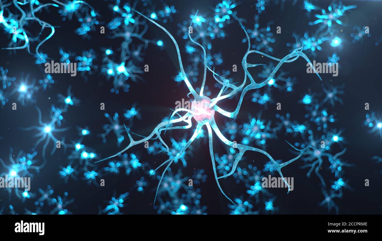 Konzeptionelle Illustration von Neuronenzellen senden eine elektrische Ladung für die Übertragung von Informationen. Hirnforschung. Vernetzte Neuronen. Neuronen dazwischen Stockfoto