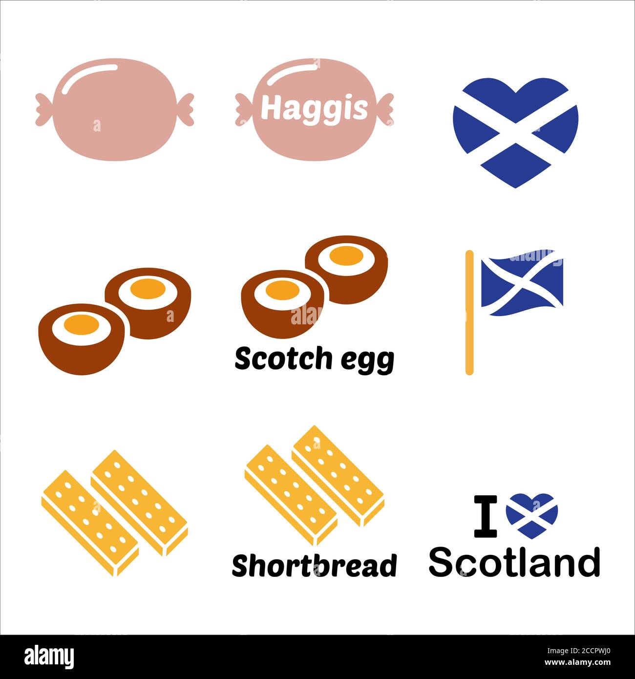 Schottisches Essen - Haggis, Scotch Egg, Shortbread Icons Set. Traditionelle Gerichte aus Schottland Stock Vektor