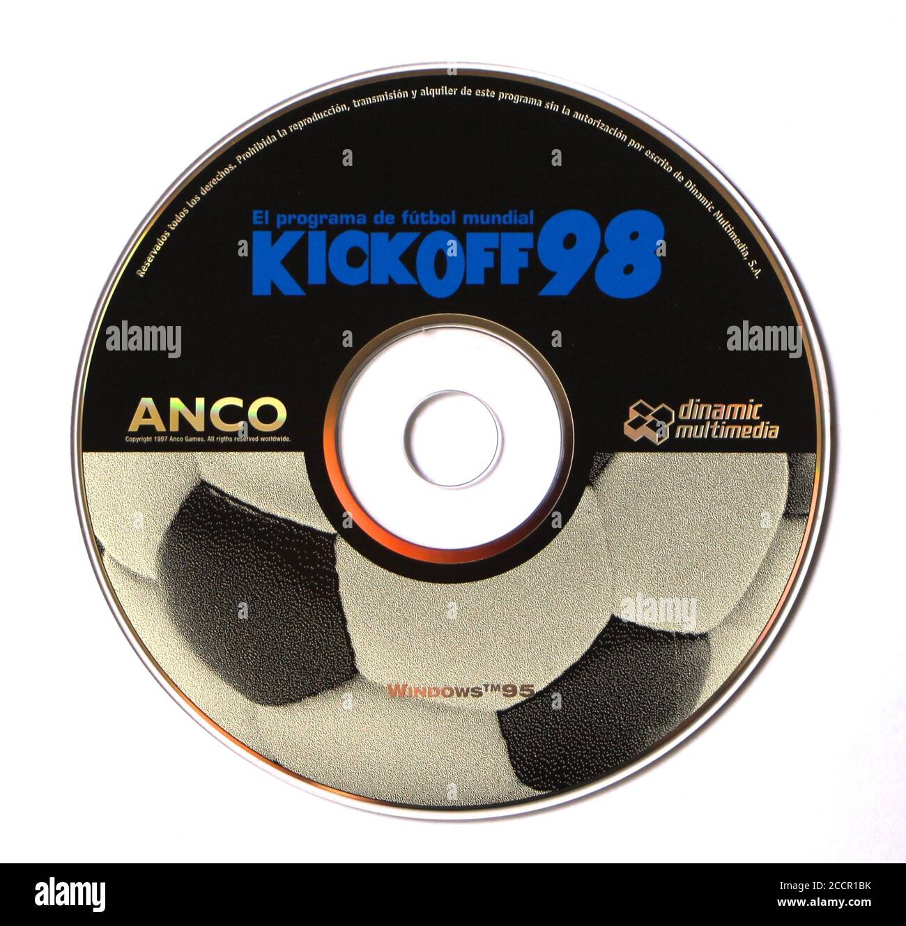 Foto einer kostenlosen spanischen CD, die ein Fußballweltspiel aus dem Jahr 1998 für Windows 95 Kickoff 98 wirbt Stockfoto