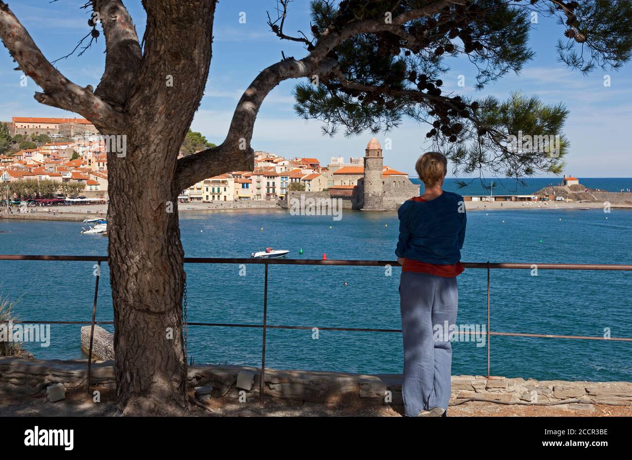 Ein Tourist genießt Aussicht auf den Hafen von Collioure in Der Süden Frankreichs Stockfoto
