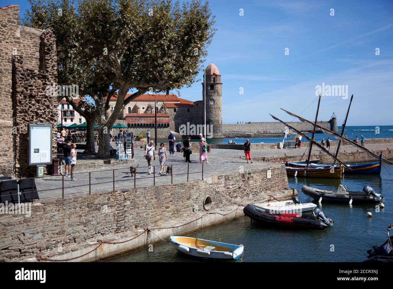 Besucher am Hafen und Glockenturm von Collioure Stockfoto