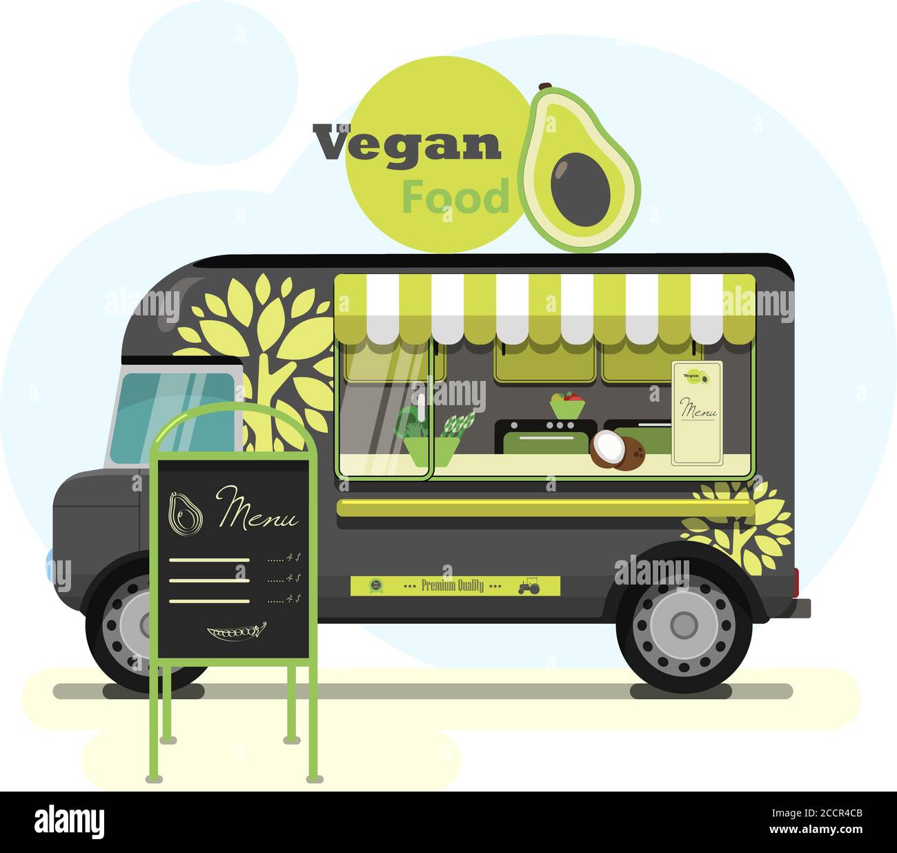 Street Food Truck mit vegetarischem Essen. Vektor-flache Illustration eines veganen Diner auf Rädern mit einer gestreiften Markise, einem Öko-Baum-Muster auf einem Van und einem Werbestand. Stilvolle Retro-Illustration von Fast Food in Parks und auf Straßen der Stadt. Gemüse, Obst, Beeren und Nüsse, gesunde Snacks oder Mittagessen in einer großen Stadt und mit Lieferung. Vektor der Business-Maschine. Stock Vektor