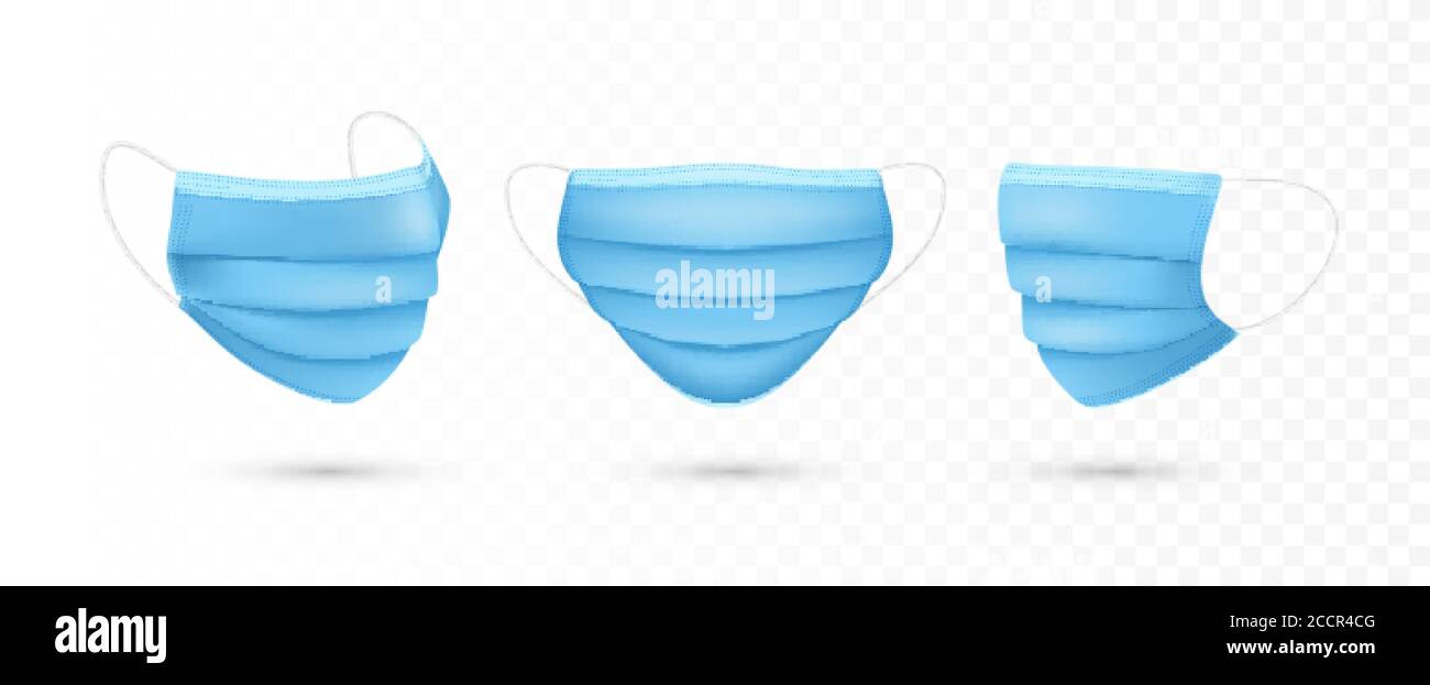 Set von medizinischen Gesichtsmaske. Atemschutzmasken. Viren- und Krankheitsschutz. Sicherheitsatmung. Gesundheitsproblem. Blaue Schablone für chirurgische Maske. Vektor-Abb. Stock Vektor