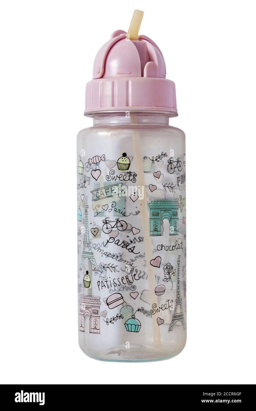 BPA kostenlose Flasche Tasse mit Paris Frankreich Dekorationen für Kleinkinder Kind Kind isoliert auf weißem Hintergrund Stockfoto