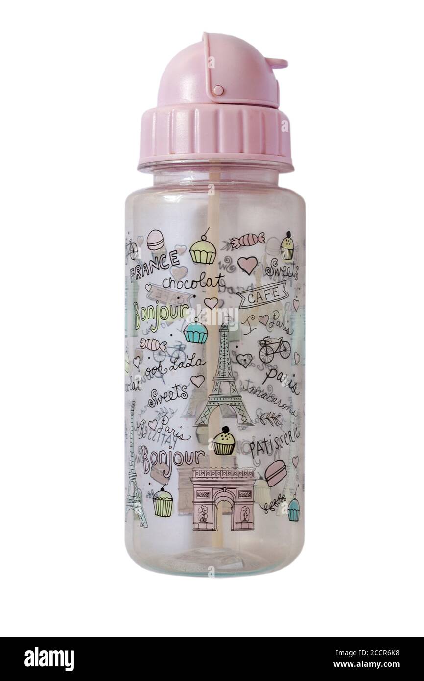 BPA kostenlose Flasche Tasse mit Paris Frankreich Dekorationen für Kleinkinder Kind Kind isoliert auf weißem Hintergrund Stockfoto
