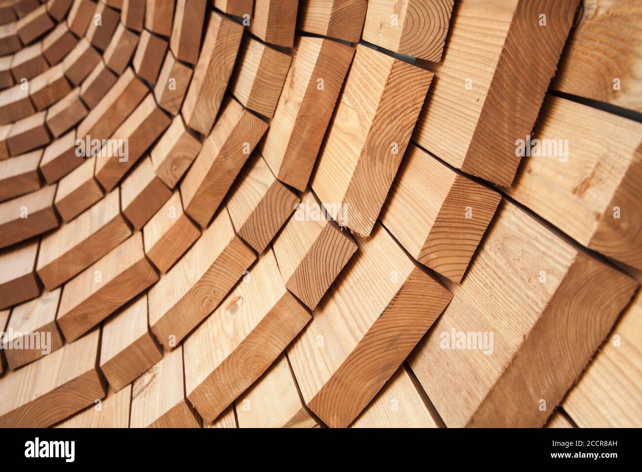 Abstrakte runde Holzwand Hintergrund Textur, Nahaufnahme Foto mit selektivem Fokus Stockfoto