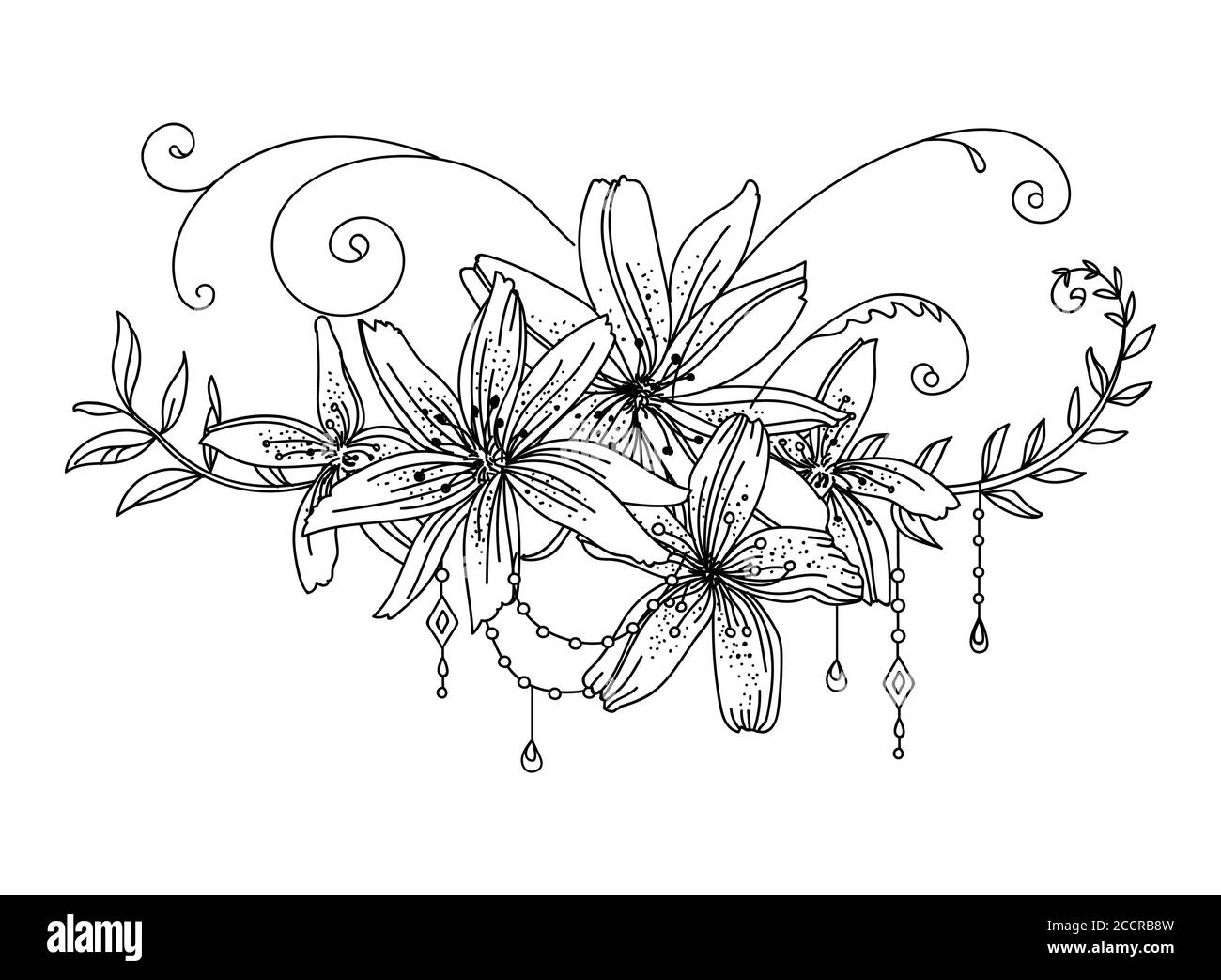 Blumen botanischen Hand gezeichnet Linie Kunst dekorative Lilie Blumen und Blätter Zusammensetzung. Vektor monochrome Blumenvorlage Illustration für Hochzeit invita Stock Vektor
