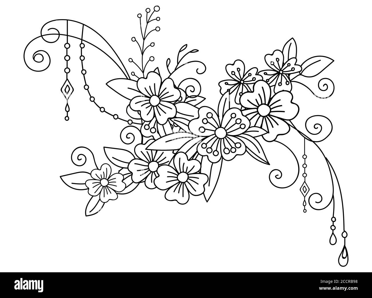 Blumen botanischen Hand gezeichnet Linie Kunst dekorative Blumen und Vignette Komposition. Vektor monochrome florale Vorlage Illustration für Hochzeit invitatio Stock Vektor