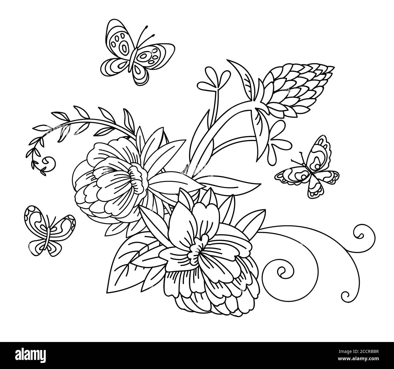 Blumen botanischen Hand gezeichnet Linie Kunst dekorative Blume Komposition. Vektor monochrome Blumenvorlage Illustration für Hochzeitseinladung, veganes Café, Stock Vektor