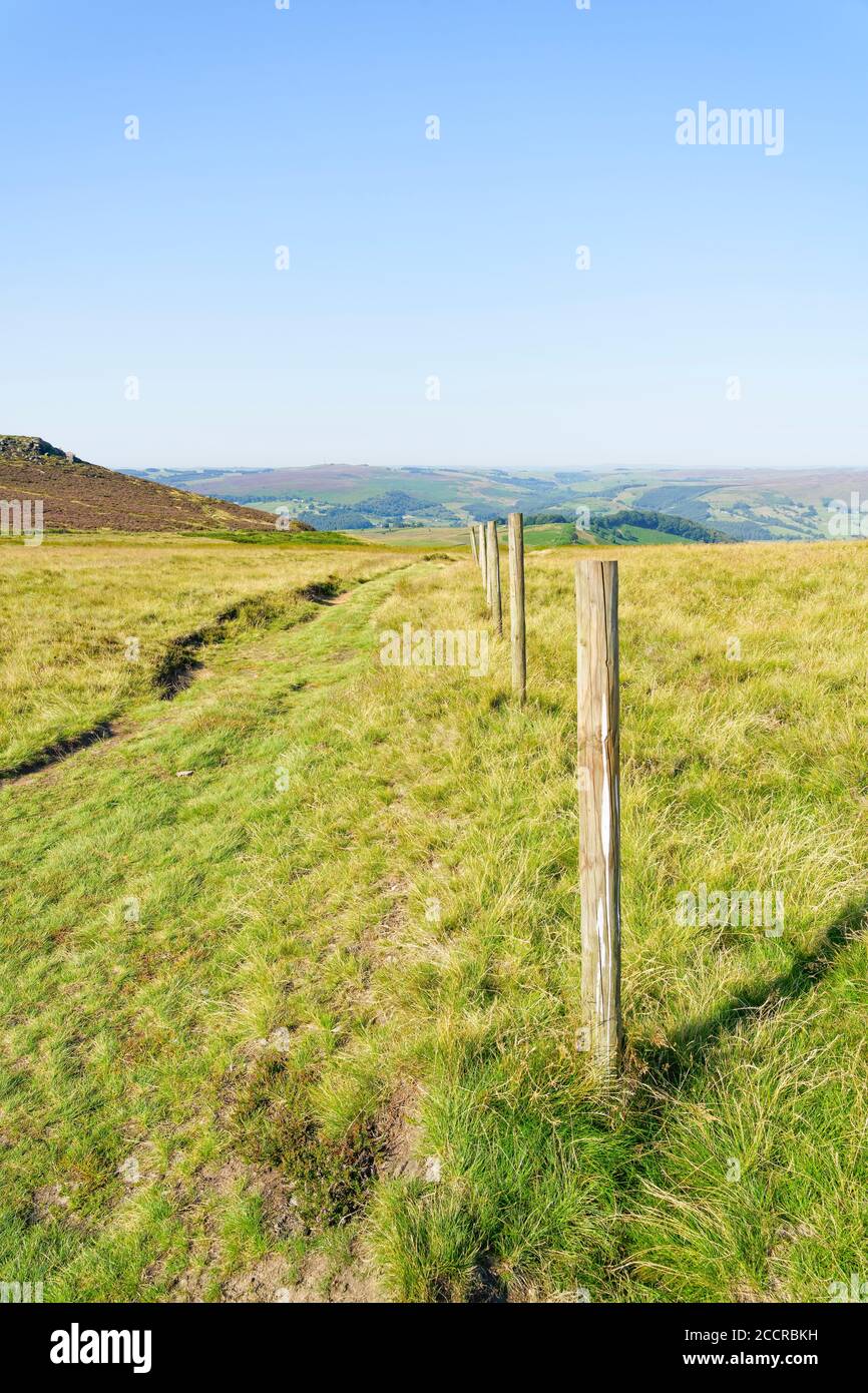 Alte hölzerne Zaunpfosten, die in den Abstand auf zurücktreten Callow Bank in Derbyshire Stockfoto