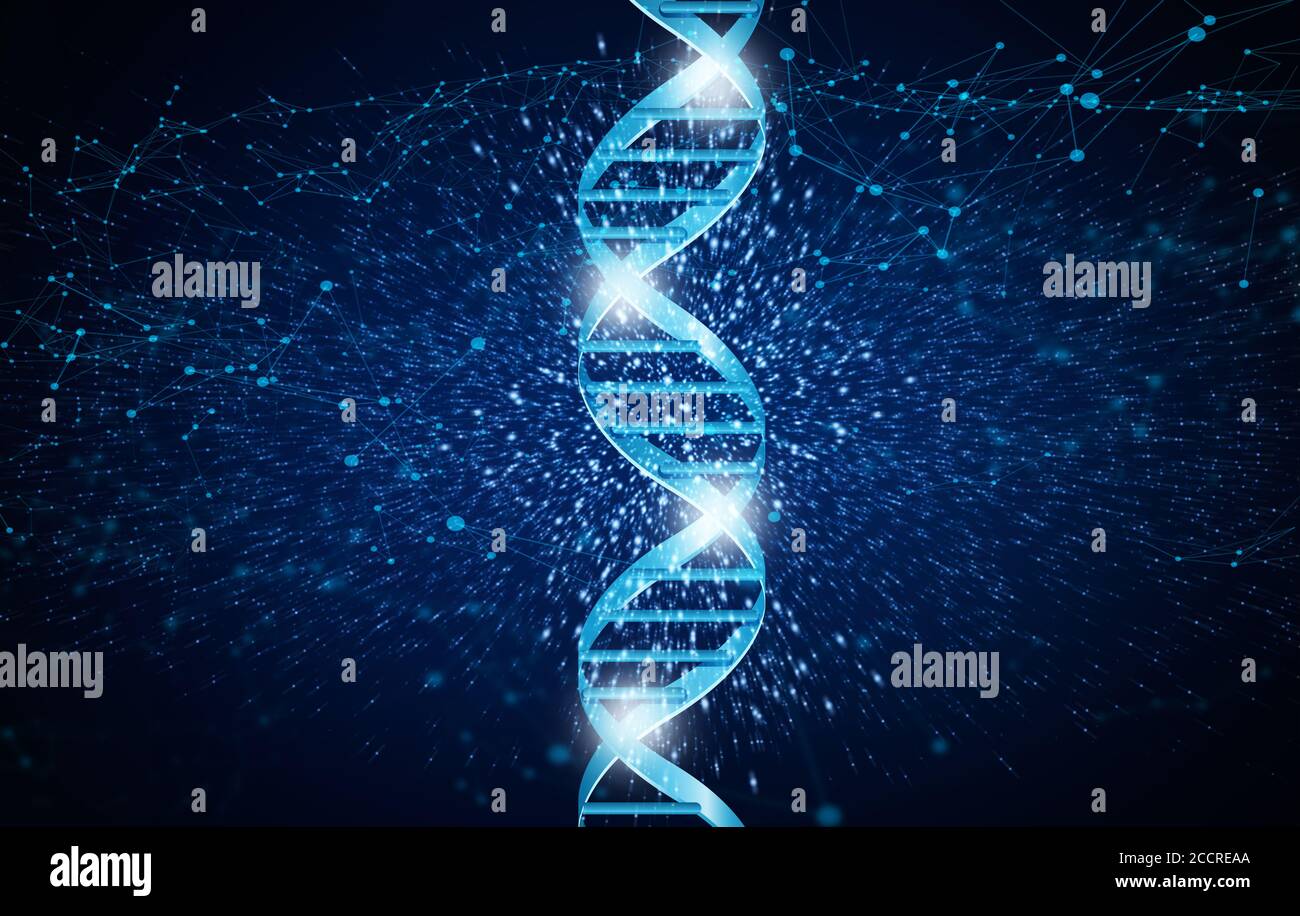Genetics Forschungskonzept. Leuchtende DNA-Helix-Struktur über blauem Hintergrund, Illustration Stockfoto