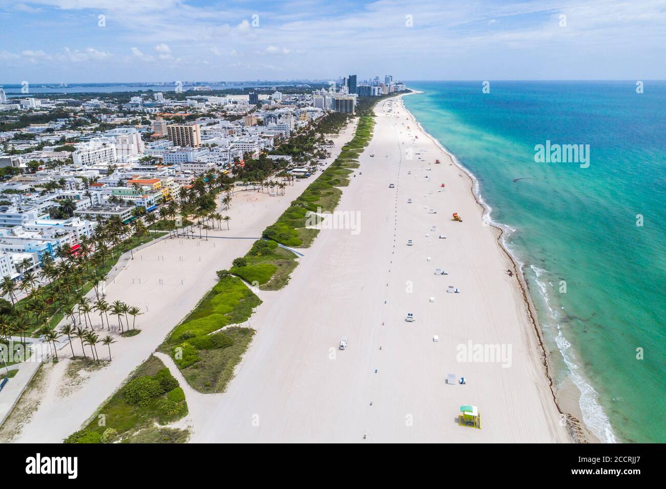 Miami Beach, Florida, South Beach, Wasser im Atlantischen Ozean, Lummus Park, leerstehende leere, geschlossene öffentliche Strandstrände, Covid-19 Coronavirus pandemic illne Stockfoto
