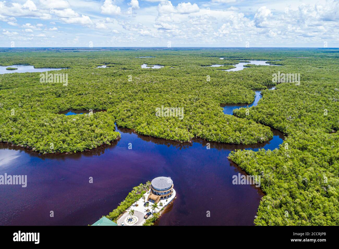 Everglades City Florida, Big Cypress National Preserve Lake Placid Freesia Street, rundes Haus Häuser Häuser Wohnungen Luftaufnahme von oben, Stockfoto