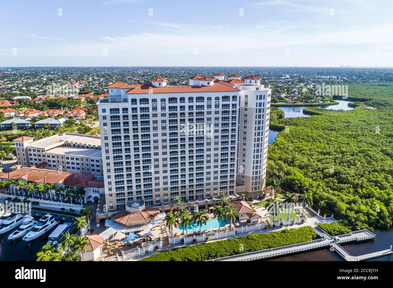 Cape Coral Florida, das Westin Cape Coral Resort in Marina Village, Hotelhotels in Motelhotels, Luftaufnahme aus der Vogelperspektive, Besucher Stockfoto