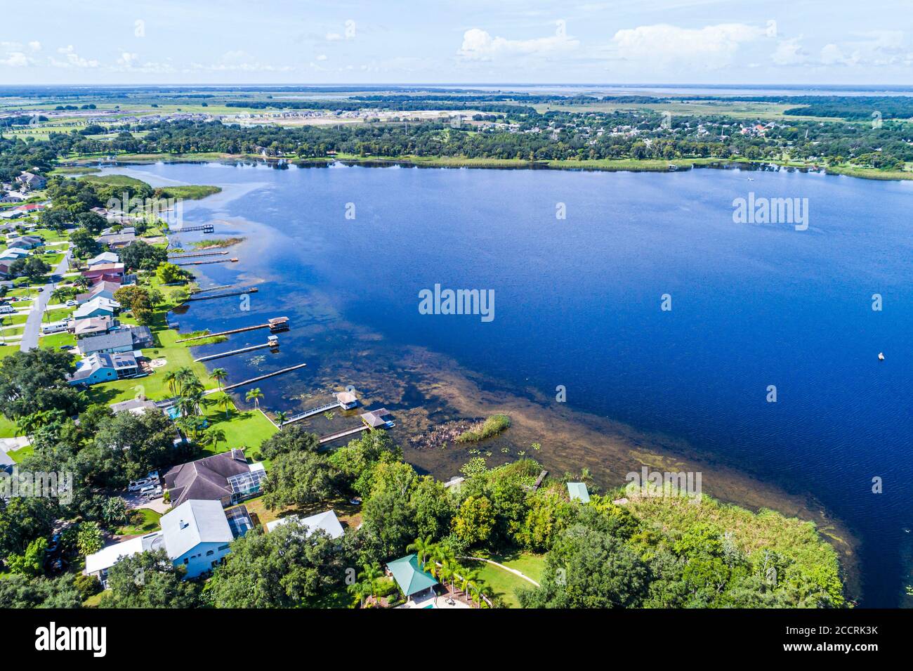 Pine Island Florida, Partin Settlement, Fish Lake, Häuser am See, private Piers, Vogelperspektive oben, Besucher reisen Reisetour Stockfoto