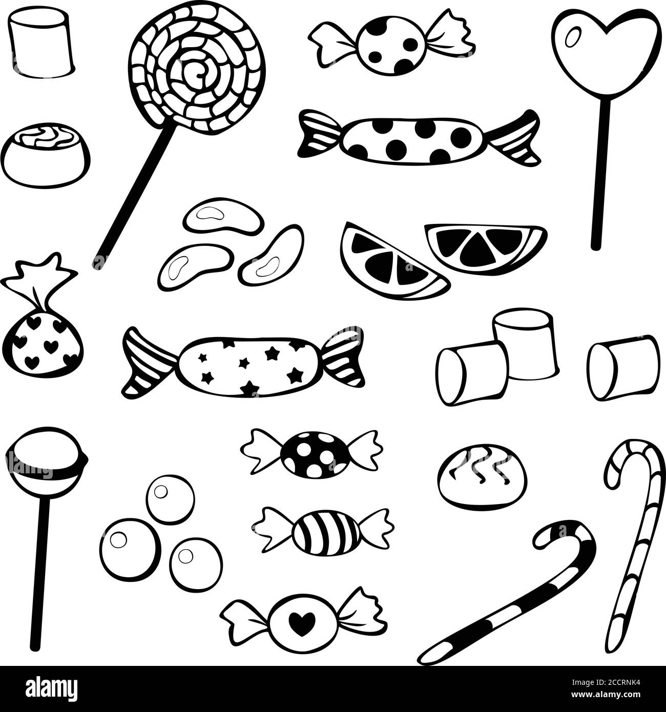 Vector Sammlung von Süßigkeiten. Set von Süßigkeiten in schwarz und weiß Farben. Design-Konzept für Süßwaren Shop oder Malbuch. Stock Vektor
