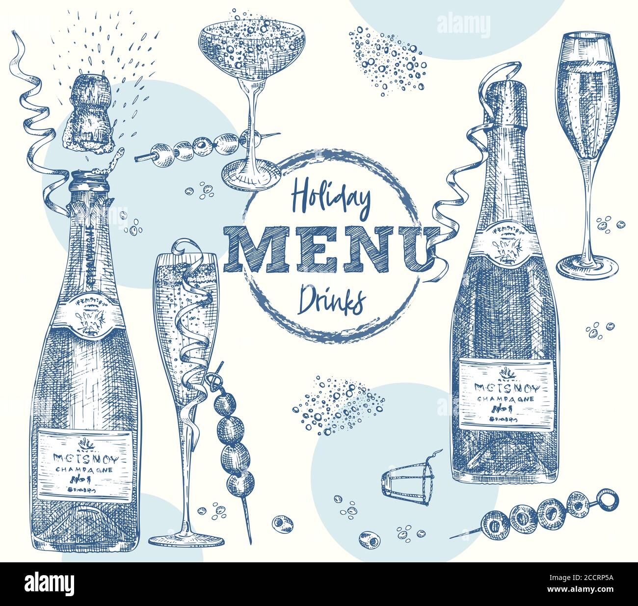 Set Flaschen Champagner, Wein, Weinglas, Cocktail Vintage handgezeichnete Skizze Design Bar, Restaurant, Café-Menü realistische Gravur Stil Kreativ Stock Vektor