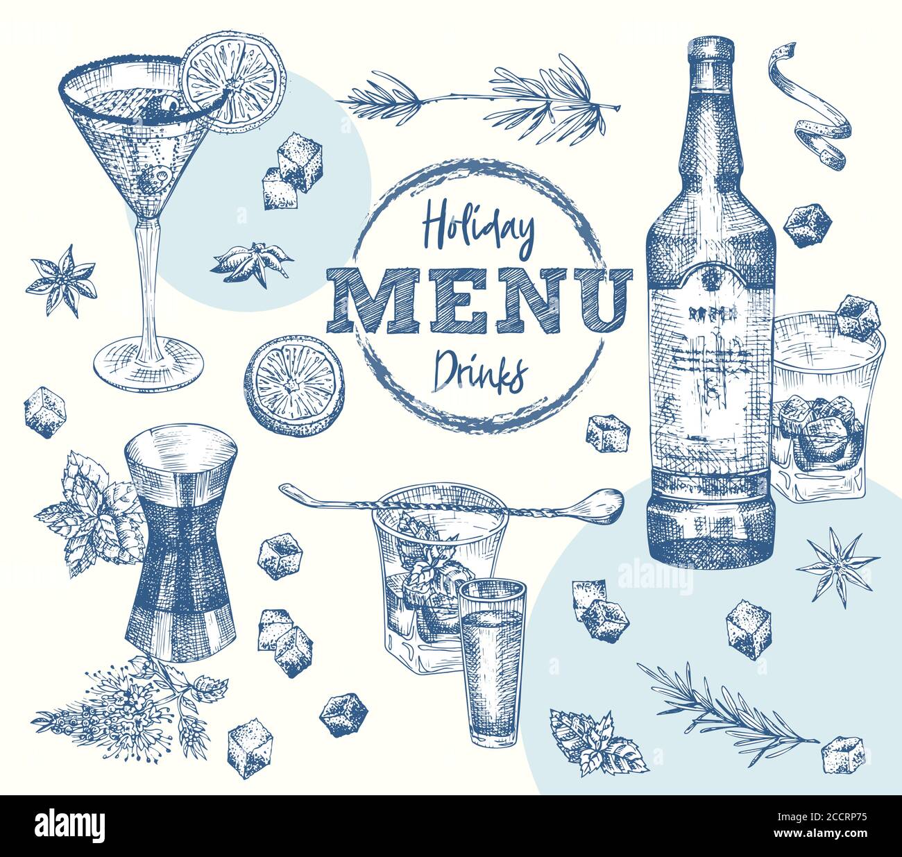 Set Flaschen Whiskey, Wodka, Cocktail, Rosmarin, Minze Zitrus, Eis, Zucker Vintage handgezeichnete Skizze Design Bar, Restaurant, Café-Menü, Flyer, Banner Stock Vektor