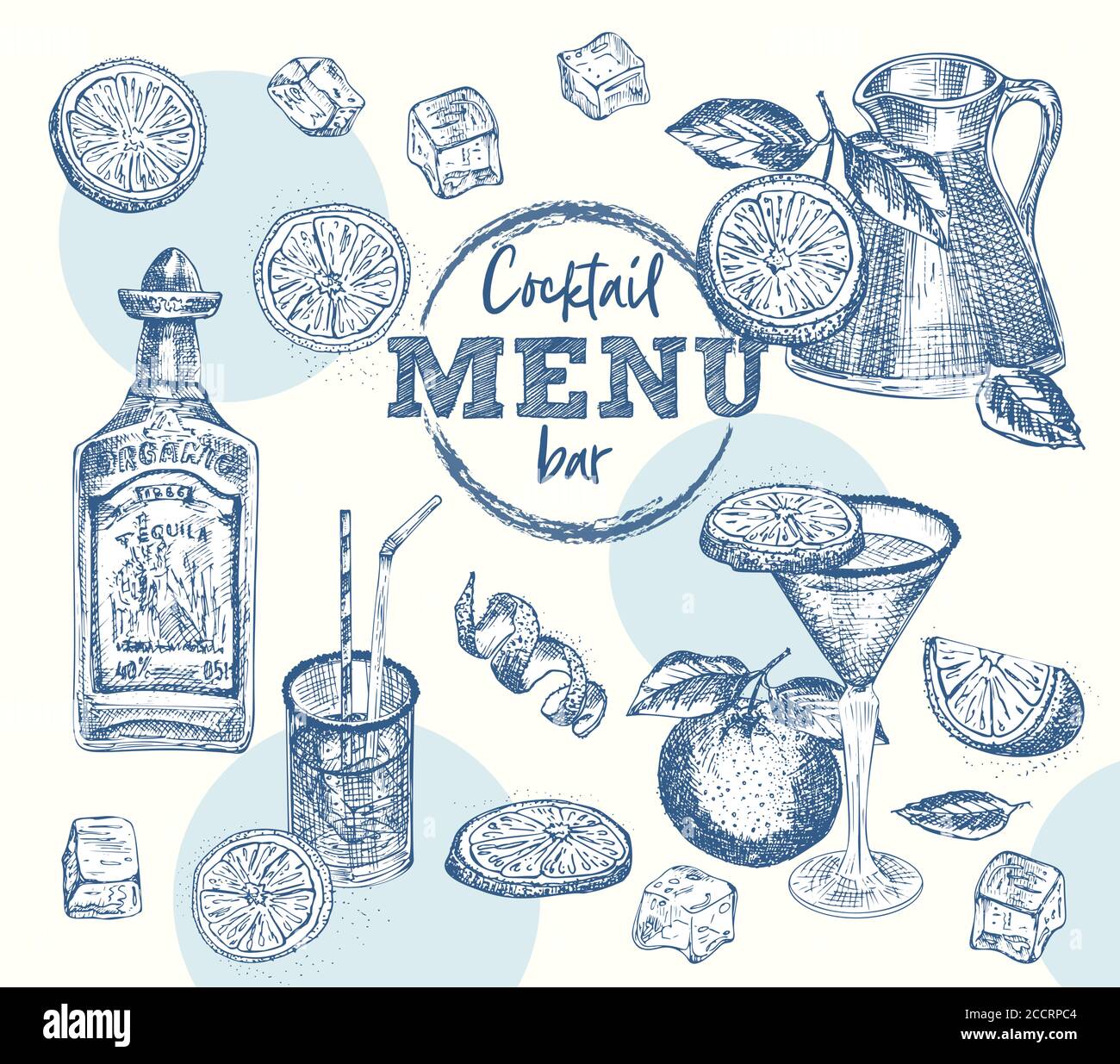 Set Flasche Tequila, Cocktail-Gläser, Orange, Eis, Zitrus Vintage handgezeichnete Skizze Design Bar, Restaurant, Café-Menü realistische Gravur Stil Stock Vektor