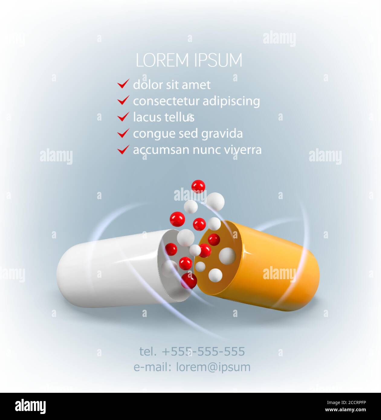 Medizinische Vektorvorlage. Geöffnete orange-weiße Kapsel mit roten und weißen Kugeln, isoliert auf hellem Hintergrund. Element für Design. Realistische Illustrationen Stock Vektor