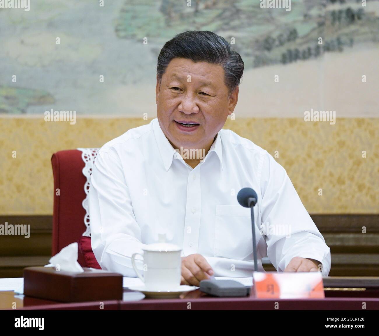 Peking, China. August 2020. Der chinesische Präsident Xi Jinping, auch Generalsekretär des Zentralkomitees der Kommunistischen Partei Chinas und Vorsitzender der Zentralen Militärkommission, leitet ein Symposium über wirtschaftliche und soziale Arbeit in Peking, der Hauptstadt Chinas, am 24. August 2020. Quelle: Li Xueren/Xinhua/Alamy Live News Stockfoto