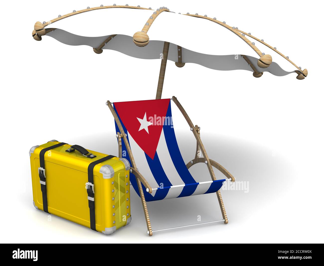 Urlaub in Kuba. Leere Sonnenliege mit einer Flagge Kubas, gelbem Koffer und einem Regenschirm auf einer weißen Oberfläche. 3D-Illustration Stockfoto