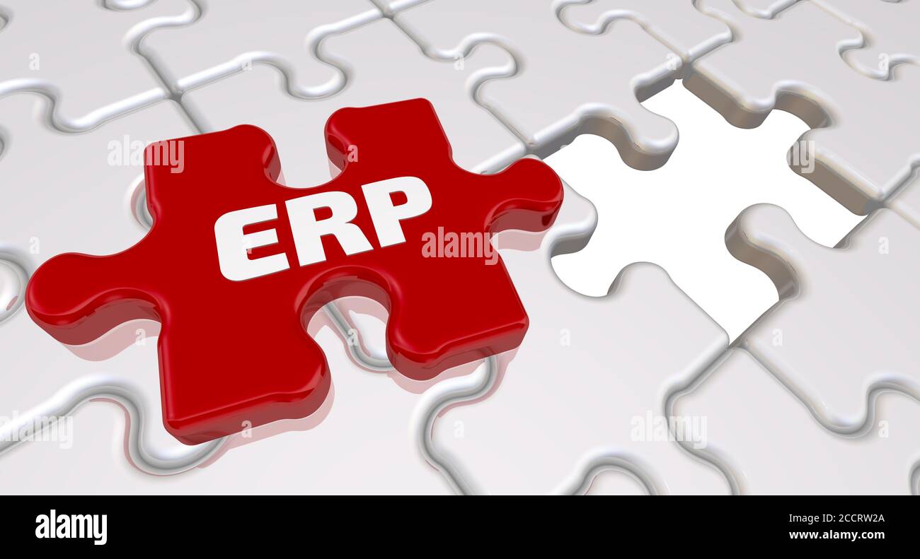 ERP. Die Inschrift auf dem fehlenden Element des Puzzles. Gefaltete weiße Puzzles Elemente und eine rote mit Text ERP - Enterprise Resource Planning. Stockfoto