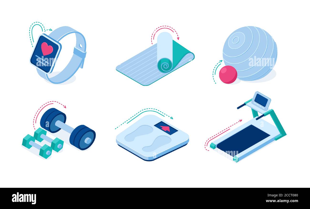 Heimsport Trainingsgeräte und Gadgets isometrische Vektor-Symbole. Langhanteln, Sporttraining Laufband, Yoga-Matte, Smart-Uhr mit App, Waage und fit Ball isoliert auf weißem Hintergrund 3d-Set Stock Vektor