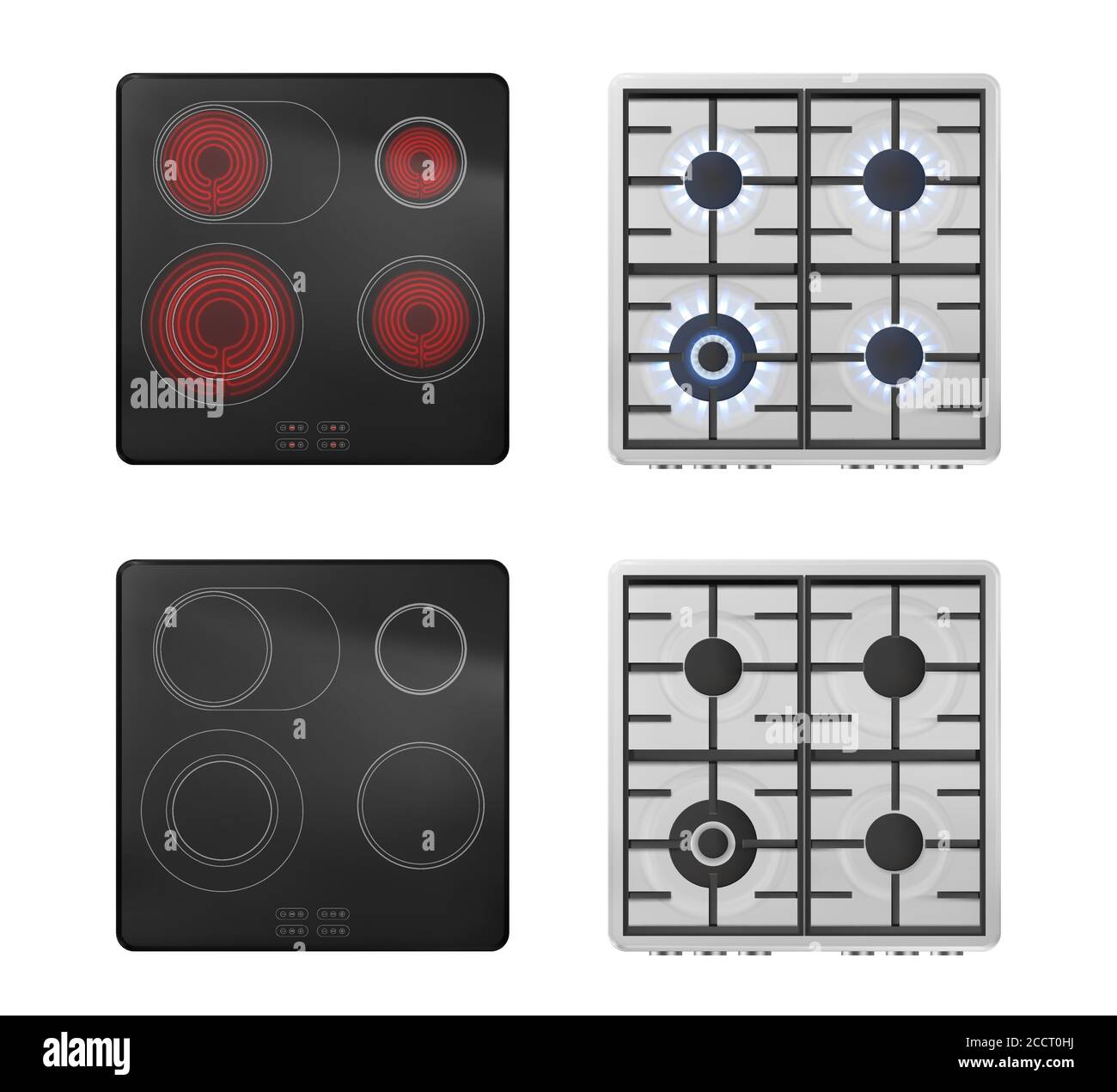Gas- und Elektroherd Draufsicht, ein- und ausschalten Öfen mit blauer Flamme und rot heiße Keramik Oberfläche. Kochplatte mit beleuchteten und Off-Kochfeldern. Isolierte realistische 3d Vektor arbeiten Kochgeräte Set Stock Vektor