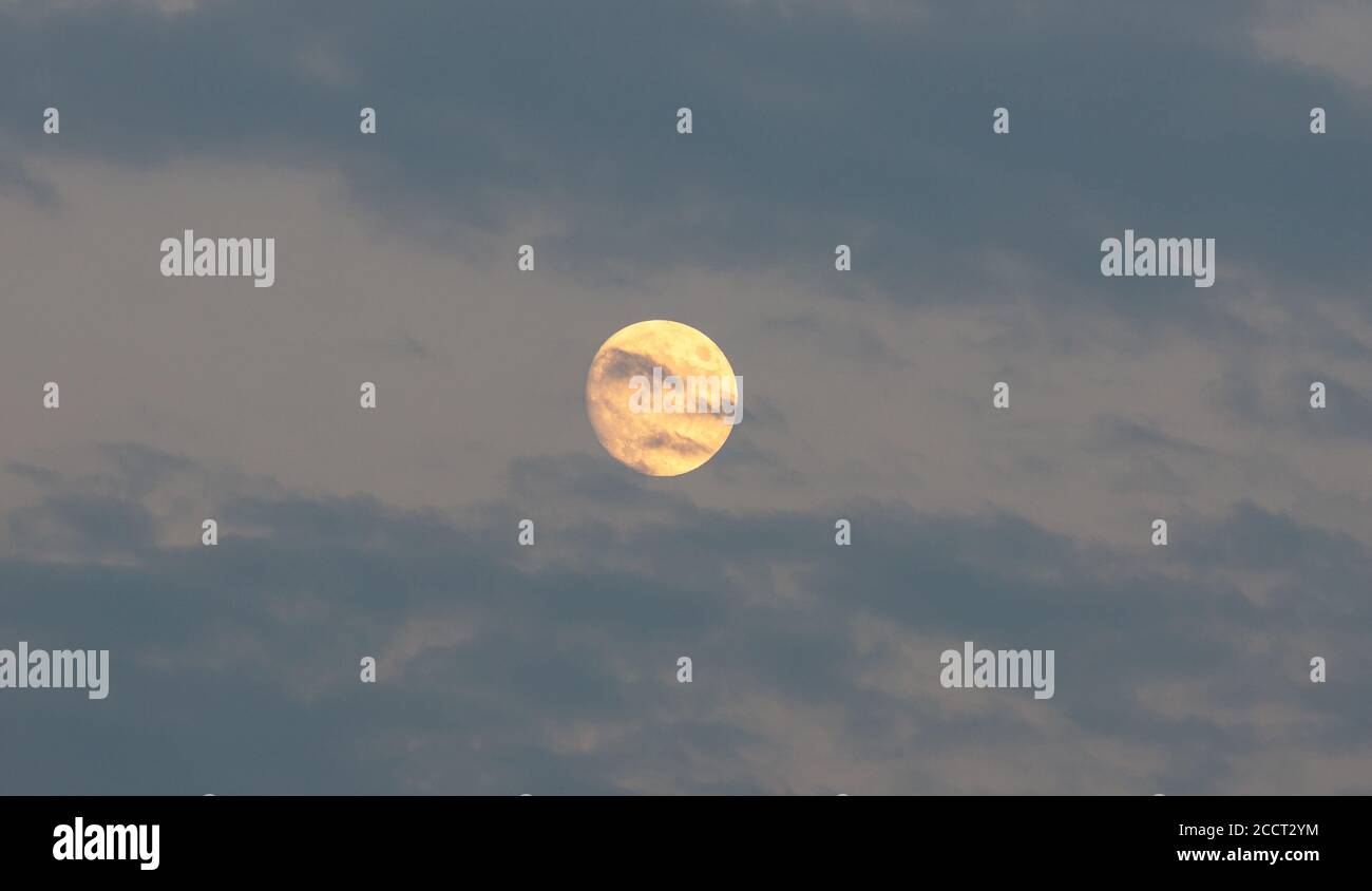 August orange Vollmond, der Sturgeon Mond genannt wird versteckt sich hinter blauen Wolken Hintergrund, Textur. August Luna, der Heidelbeer Mond leuchtet und illum Stockfoto