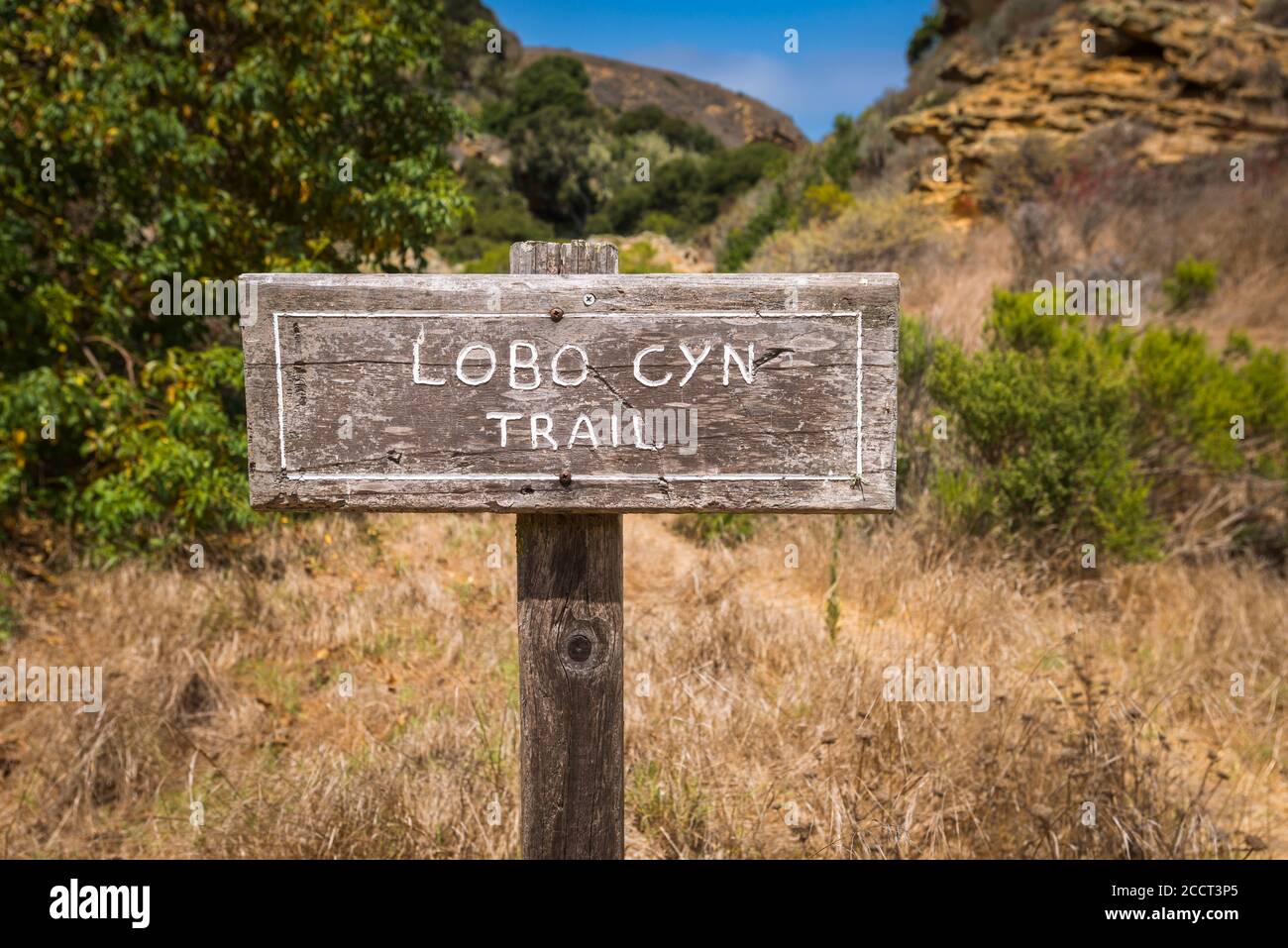 Wegweiser am Lobo Canyon, Santa Rosa Island, Channel Islands National Park, California USA Stockfoto