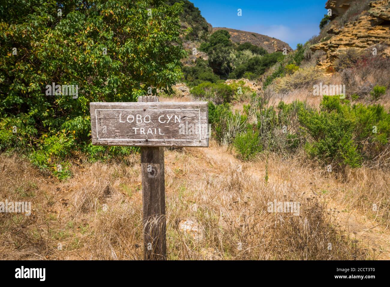Wegweiser am Lobo Canyon, Santa Rosa Island, Channel Islands National Park, California USA Stockfoto
