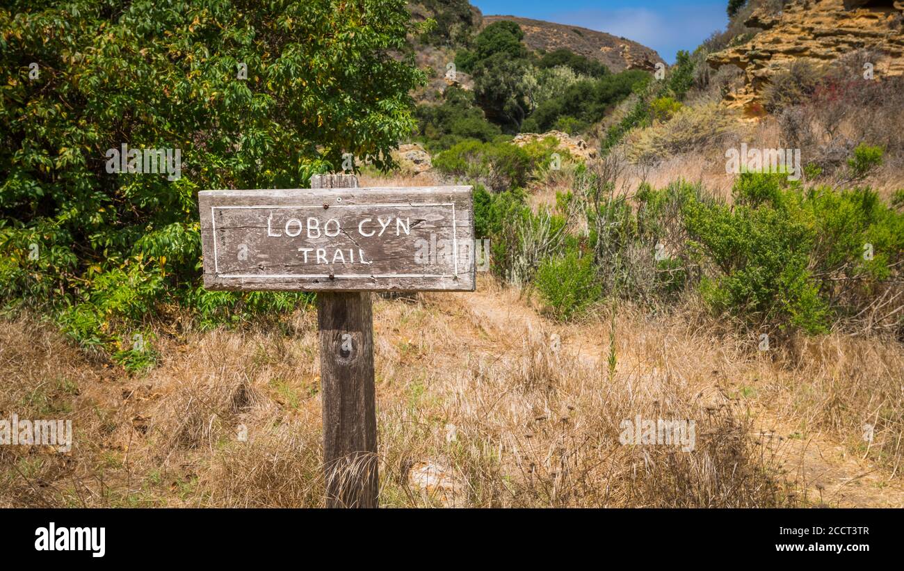 Wegweiser am Lobo Canyon, Santa Rosa Island, Channel Islands National Park, California USA Stockfoto