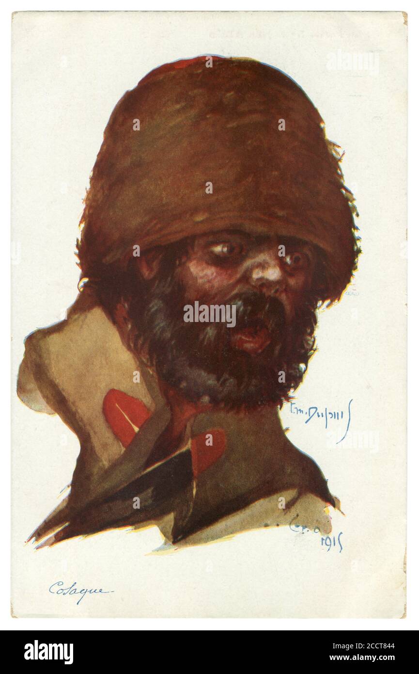 Französische historische Postkarte: Karikaturenportrait eines bärtigen Kosaken in einem hohen Pelzhut. Kavallerie der kaiserlichen russischen Armee, erster Weltkrieg, 1915 Stockfoto