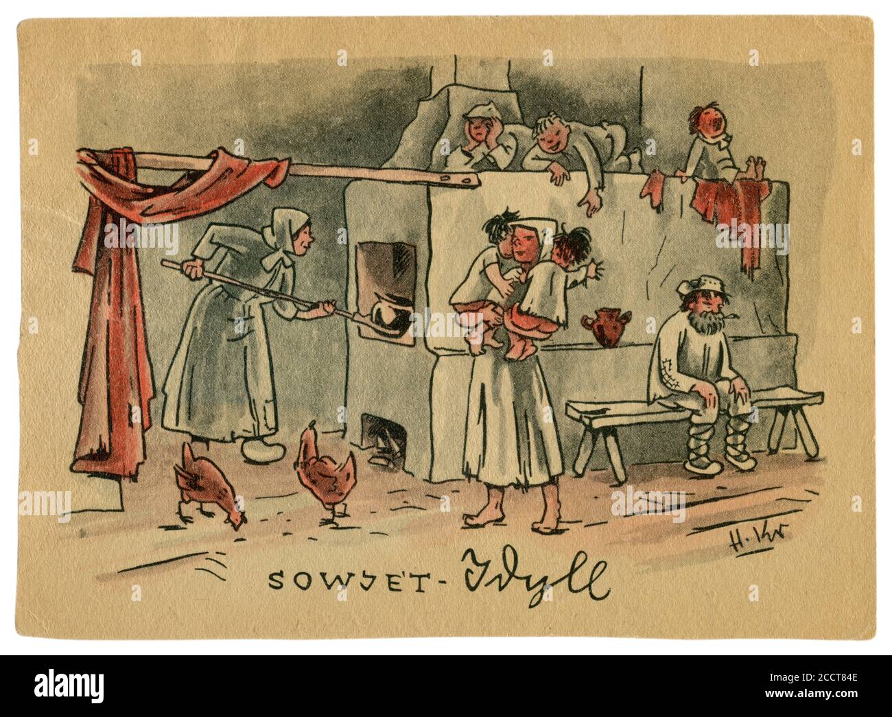 Deutsche historische Postkarte: 'Soviet Idylle'. Karikatur einer großen Familie mit Kindern in einer Hütte, in der Nähe eines russischen Ofens, der Sowjetunion, 1941 Stockfoto