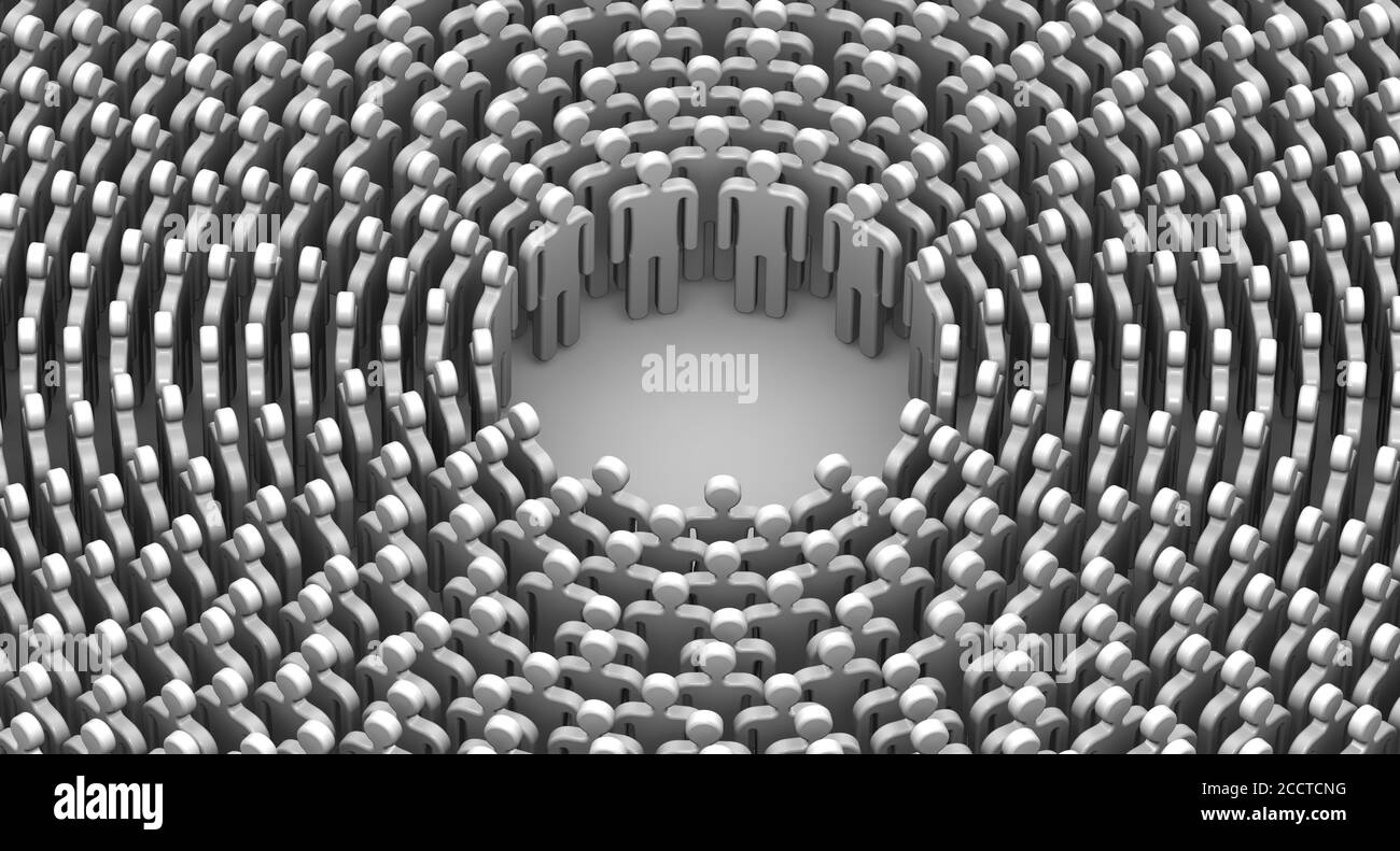 Symbole von Menschen Reihen sich in einem Kreis auf einer weißen Oberfläche. 3D-Illustration Stockfoto