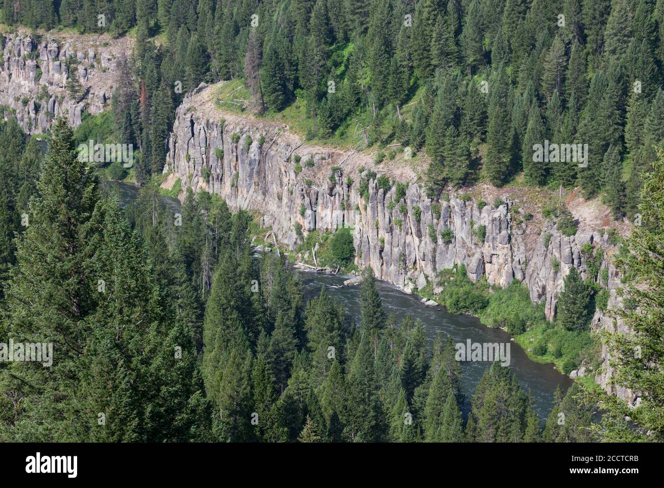 Felsschluchtwände direkt unterhalb der Lower Mesa Falls in Idaho Mit Henrys Gabel des Snake River fließt neben Sie und umgeben von dicken immergrünen Vordergrund Stockfoto