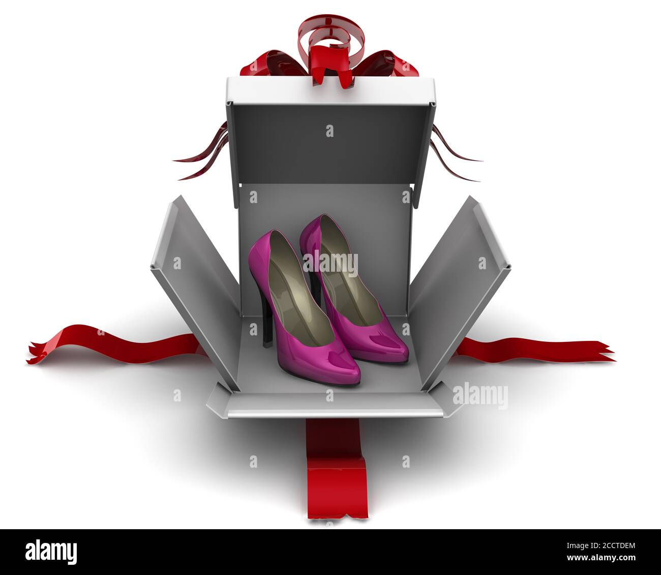 Damenschuhe als Geschenk. Damenschuhe hohe Ferse in der zerrissenen Geschenkbox. 3D-Illustration Stockfoto