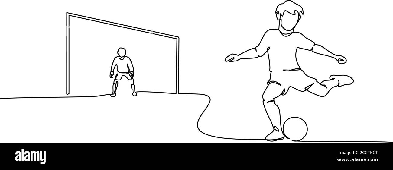 Fortlaufende eine-Linie-Zeichnung. Junge spielen Fußball mit Torwart Junge steht am Tor. Sport Konzept Vektor Illustrationen schwarz auf weiß Stock Vektor