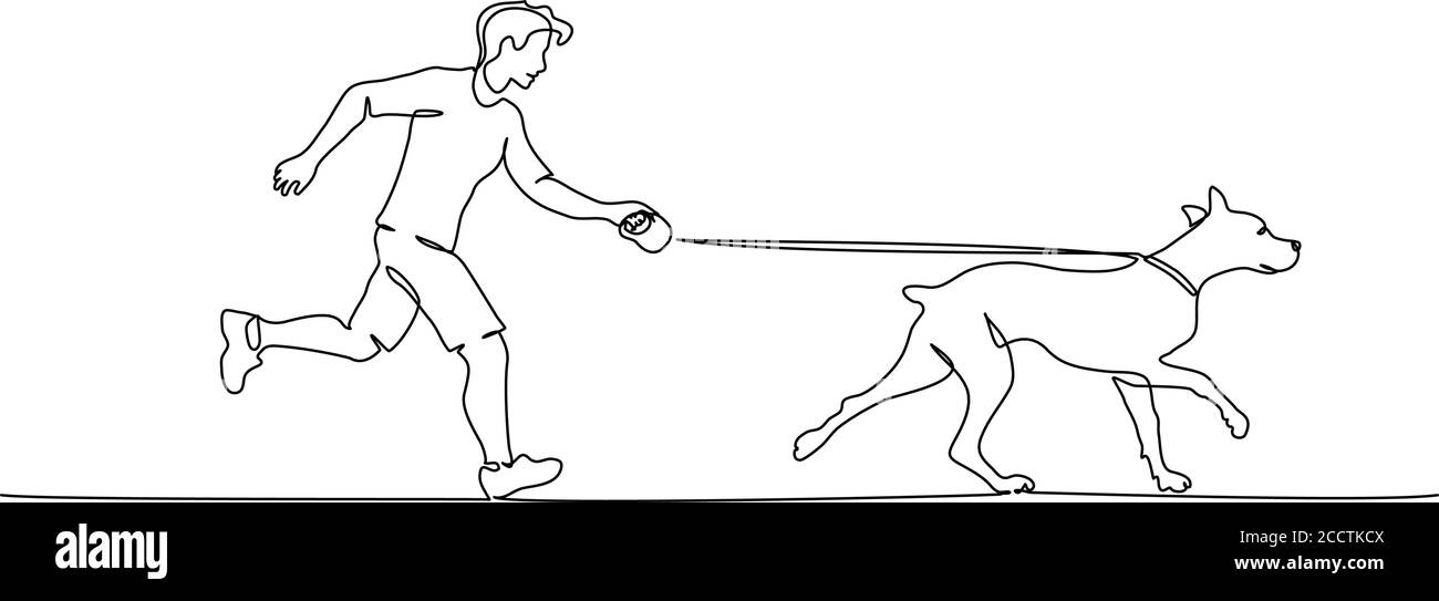 Mann, der mit Hund läuft. Kontinuierliche eine Linie Art Zeichnung Stil. Besitzer spielt mit niedlichen Hund auf dem Spaziergang. Schwarze lineare Skizze isoliert auf weißem Hintergrund. Vektorgrafik Stock Vektor