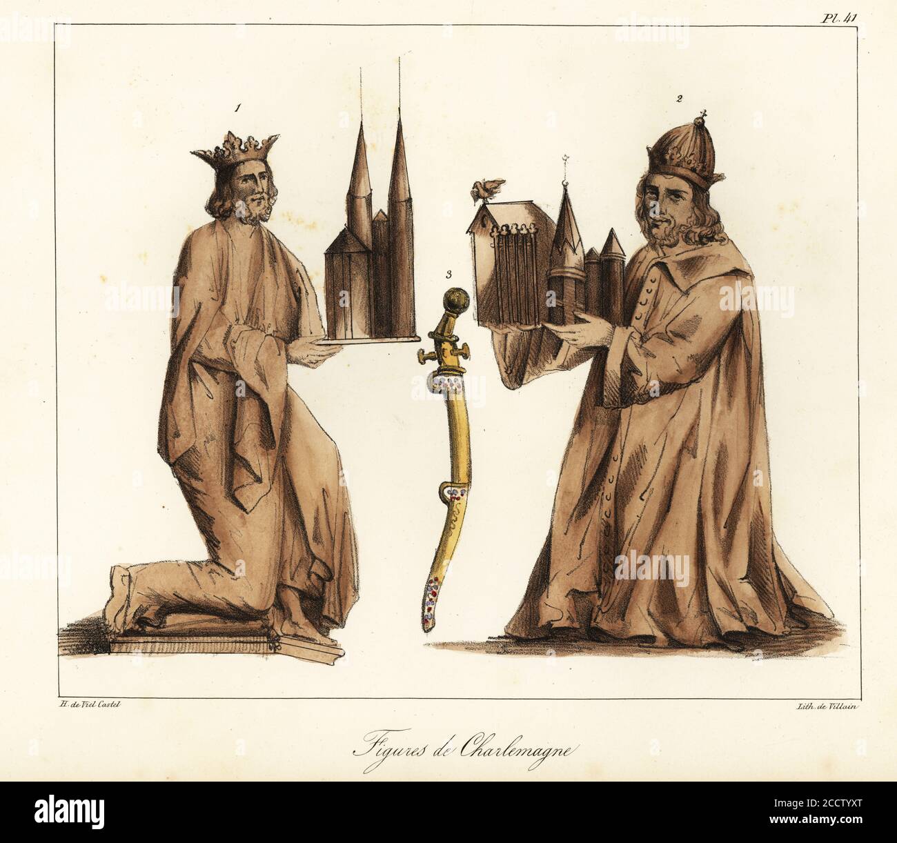 Figuren aus dem Aachener Dom zeigen Kaiser Karl den Großen (748-814) mit einer Kirche 1,2 und seinem Schwert 3. Figures de Charlemagne. Handkolorierte Lithographie von Villain nach einer Illustration von Horace de viel-Castel aus seiner Collection des Costumes, Armes et meubles pour servir à l'histoire de la France (Sammlung von Kostümen, Waffen und Möbeln zur Verwendung in der Geschichte Frankreichs), Treuttel & Wurtz, Bossange, 1827. Stockfoto