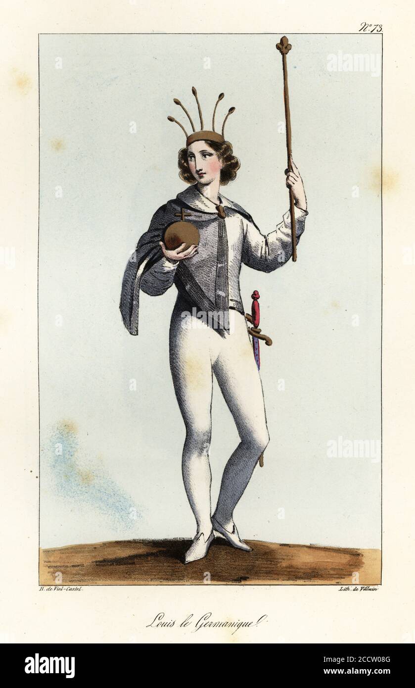 Ludwig der Deutsche (c. 806–876) oder Ludwig II., erster König von Ostfranken. Enkel von Kaiser Karl dem Großen und dritter Sohn von Ludwig dem Frommen, Kaiser von Francia und Ermengarde von Hesbaye. Er trägt eine markante Krone, eine graue ärmellose Jacke oder ein Sayon, ein weißes Dublett und einen Schlauch und trägt Reichsapfel, Zepter und Schwert. Louis le Germanique. Handkolorierte Lithographie von Villain nach einer Illustration von Horace de viel-Castel aus seiner Sammlung des Trachten, Armes et meubles pour servir à l'histoire de la France (Sammlung von Kostümen, Waffen und Möbeln für die Geschichte Frankreichs), Treuttel & Wurt Stockfoto