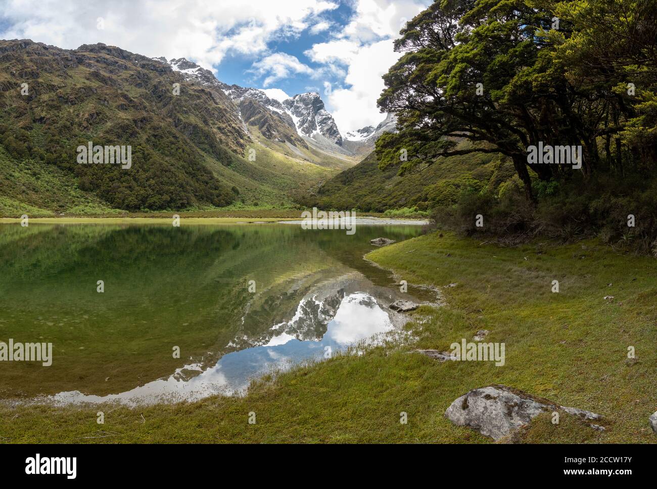 Spiegelung des Emily Peak in Lake Mackenzie auf dem berühmten Routeburn Track, Fjordland National Park, Southland/Neuseeland Stockfoto