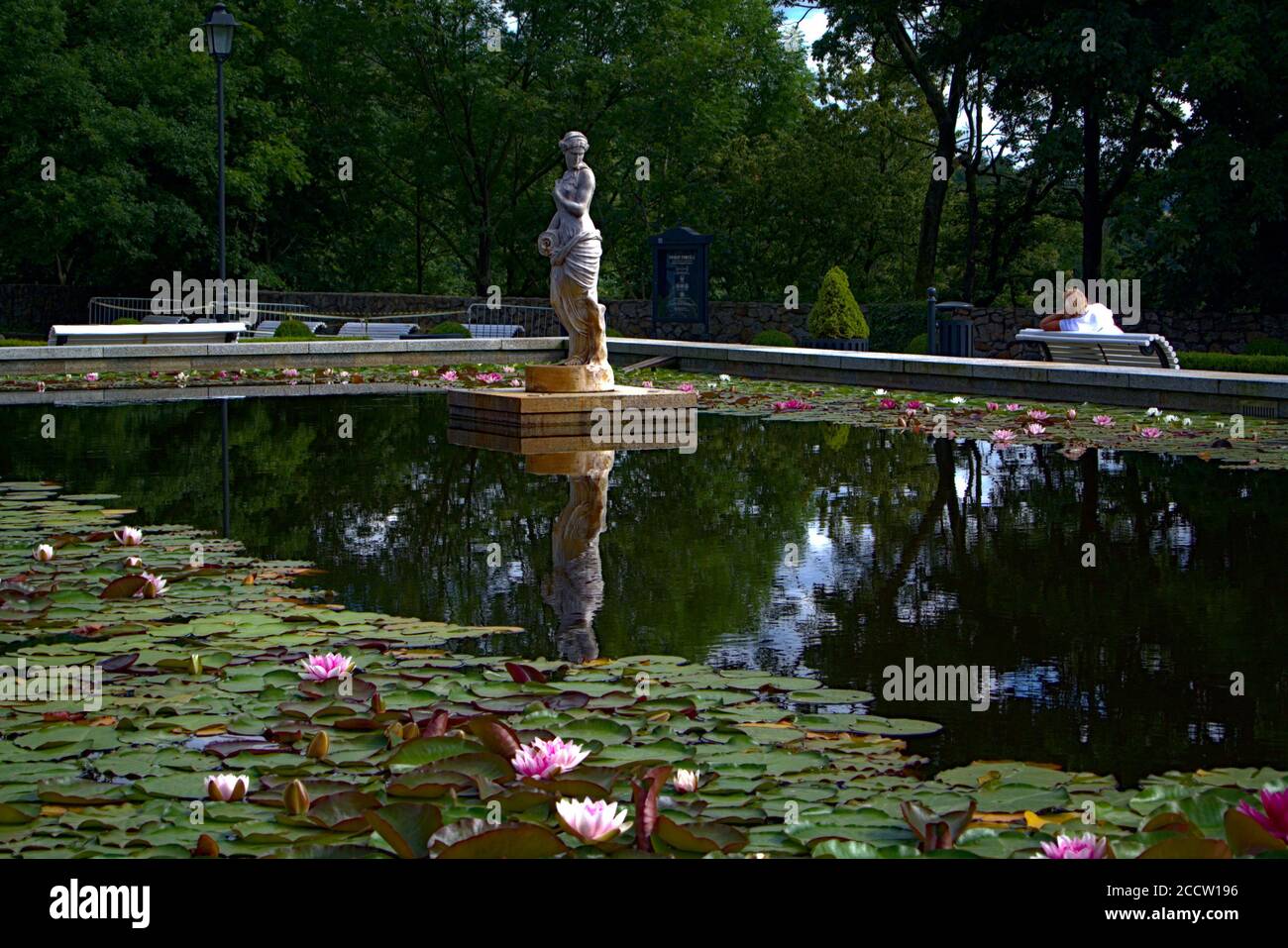 Dame des Teiches, eine Steinstatue, umgeben von Seerosen in einem luxuriösen Teich Stockfoto
