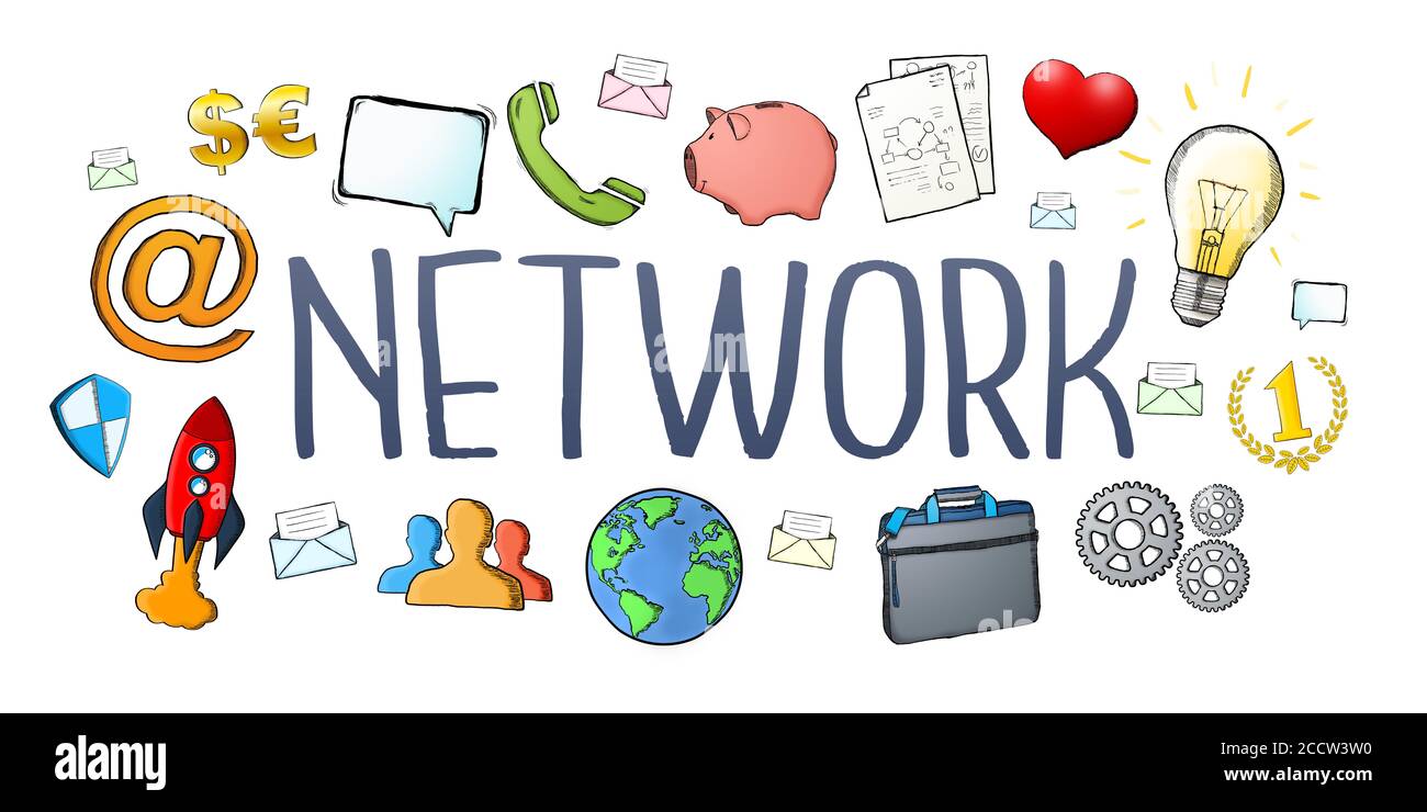 Manuskript Netzwerk Text mit Symbolen auf weißem Hintergrund Stockfoto