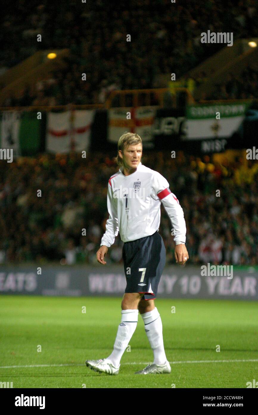 07 September 2005 Windsor Park Belfast Nordirland Internationaler Fussball 2006 Fifa Fussball Weltmeisterschaft Gruppe 6 Qualifier Nordirland 1 England 0 David Beckham Spielt Fur England Gegen Nordirland In Belfast 2005 Stockfotografie Alamy