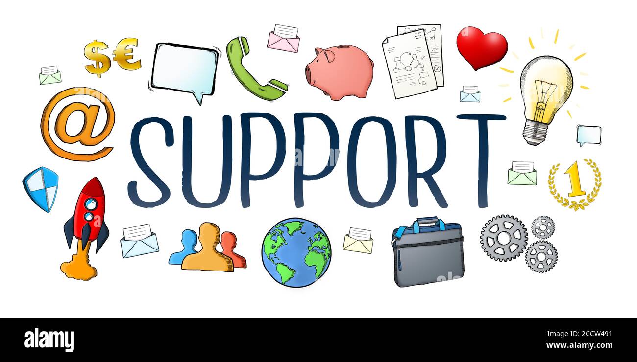 Manuskript-Support-Text mit Symbolen auf weißem Hintergrund Stockfoto