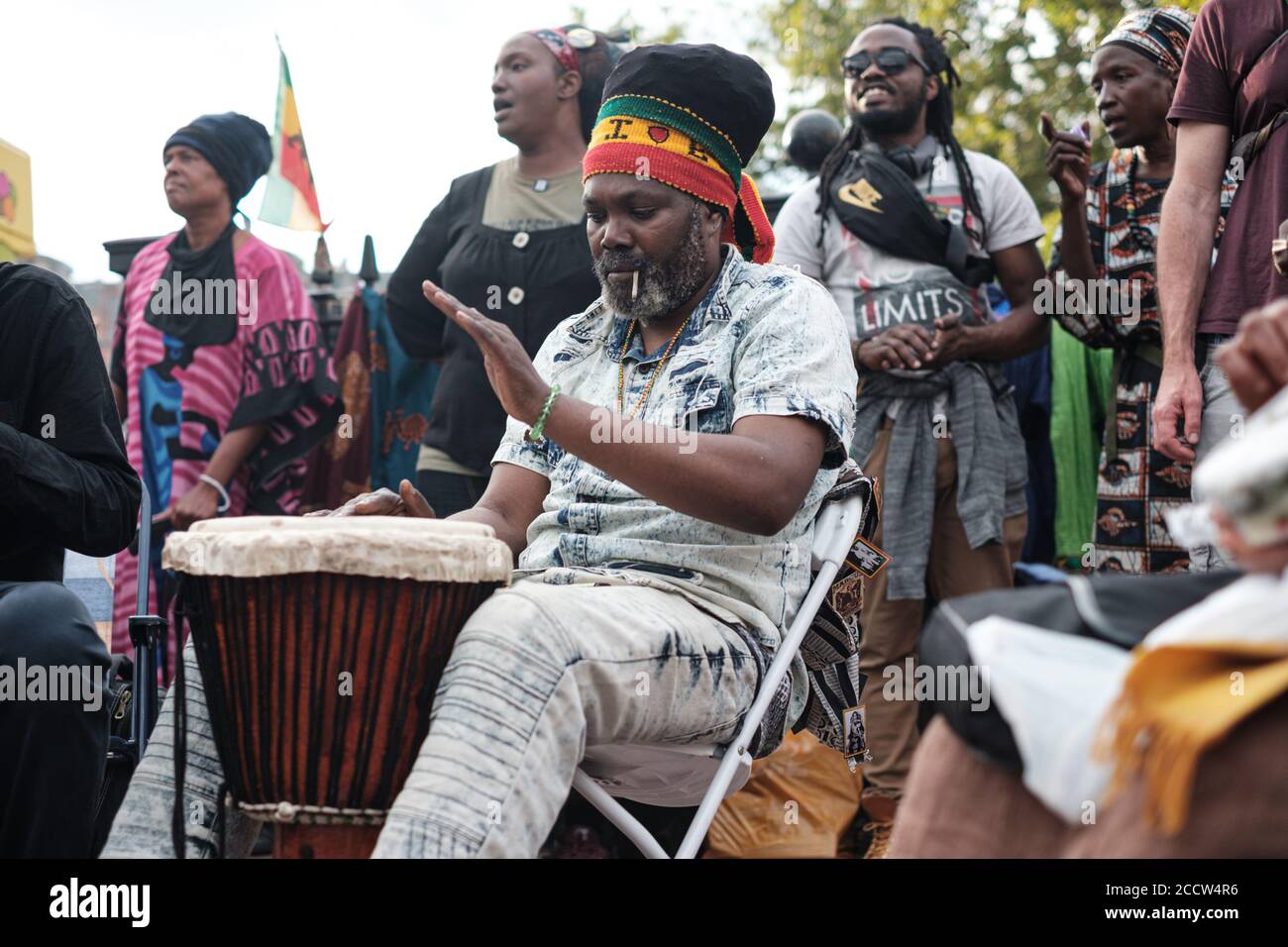 Afrikan Emancipation Day Reparations March und der Brixton Blackout March; der Aufruf zum Ende der Maangamizi & Reparations Stockfoto